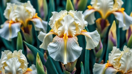 Poster - Bearded iris flowers in yellow and white hues showcasing wavy petal edges and vibrant green foliage in a soft-focused square frame.