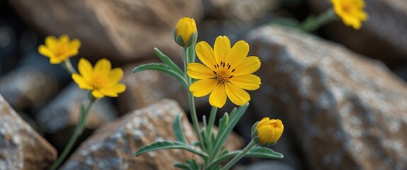 Poster - Yellow Wildflowers Growing Among Rocks in Natural Landscape Setting