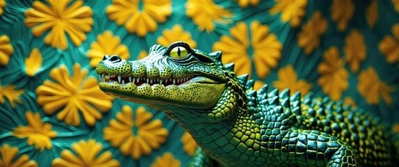 Poster - Vibrant alligator figurine against a bold yellow floral patterned background showcasing vivid colors and intricate details for artistic presentations.