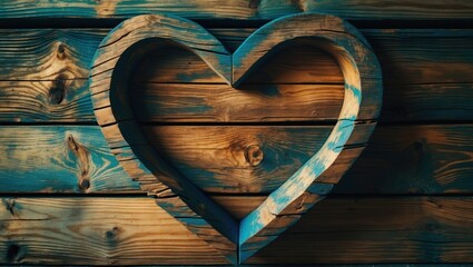 Poster - Rustic wooden heart shape framed against a textured wooden background for romantic or artistic themes