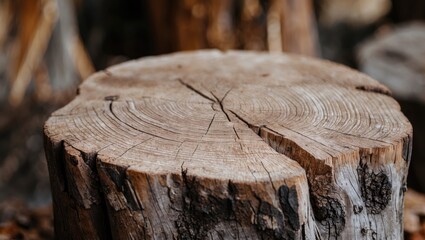 Poster - Weathered wooden stump close-up showcasing natural textures and patterns, perfect for nature-themed projects and rustic designs.