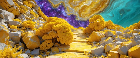 Poster - Vibrant yellow marble stone texture leading to a cosmic landscape with colorful galaxies and abstract formations in a surreal environment