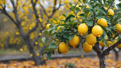 Poster - Lush Lemon Tree Surrounded By Autumn Colors With Copy Space Ideal For Text Overlays
