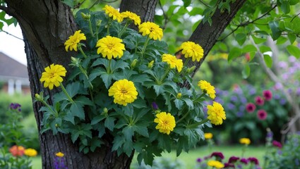 Poster - Vibrant yellow Zinnia flowers blooming on a tree trunk in a lush garden setting surrounded by colorful blooms and greenery.
