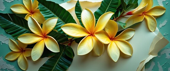 Poster - Vibrant yellow frangipani flowers and lush green leaves arranged artistically on textured paper with a pastel background.