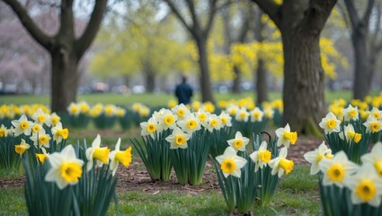 Poster - Spring Park Daffodils Blooming Vibrantly Among Trees and Green Grass with People Strolling in the Background on a Sunny Day