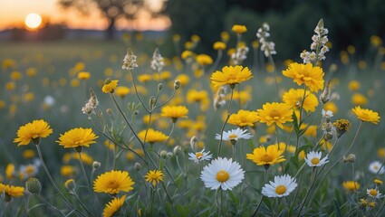 Poster - Vivid Yellow and White Wildflowers Blooming in a Field During a Serene Evening Sunset