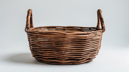 Poster - Handmade Wicker Basket Full View Isolated on White Background with Space for Text or Design Elements in Home Decor or Storage Use