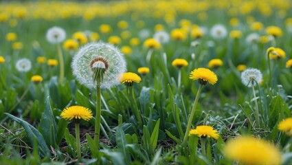 Poster - Lush Spring Field with Vibrant Yellow Dandelion Flowers and a Dandelion Puff Blooming in a Natural Landscape Scene