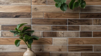 Poster - Natural wood tile wall with decorative plants in a modern interior design setting showcasing texture and warmth in home decor.