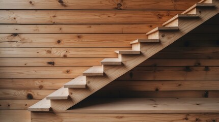 Poster - Pine wood staircase against a rustic wooden wall showcasing natural texture and craftsmanship in interior design and architecture.