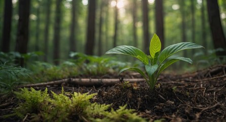 Poster - Fresh Green Plant Emerging in Forest Floor with Soft Natural Light and Clear Copy Space for Environmental or Growth Themes