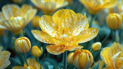 Poster - Vibrant yellow mottled flowers in full bloom surrounded by buds against a soft green backdrop showcasing nature's beauty and diversity.