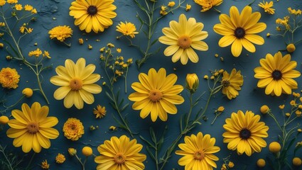 Poster - Bright yellow flowers and greenery on a blue background ideal for natural wallpaper or creative design concepts with ample copy space.