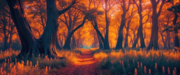 Poster - Autumn forest path with vibrant orange foliage and tranquil ambiance inviting exploration through nature's beauty.