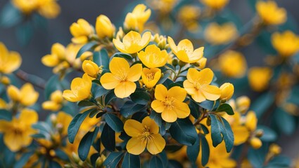 Poster - Blooming Yellow Xyridaceae Flowers Surrounded by Lush Green Leaves in Natural Setting with Soft Focus on Center of Floral Arrangement