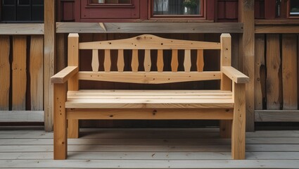 Poster - Rustic wooden bench with decorative patterns situated against a wooden background showcasing craftsmanship and natural wood textures.