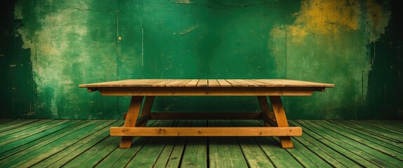 Poster - Wooden table on rustic green grunge backdrop showcasing natural textures and colors ideal for design or creative projects