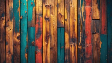 Poster - Colorful weathered wooden planks textured background showcasing rustic charm and natural beauty for interior design and artwork projects