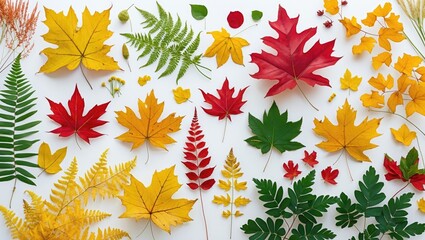 Poster - Autumn Herbarium Collection Featuring Colorful Leaves and Flowers on White Background Showcasing Grasses, Ferns, Maple and Ginkgo Leaves
