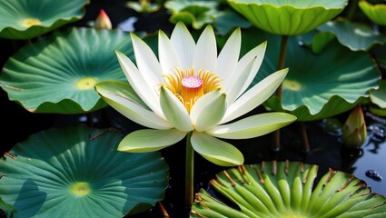Wall Mural - giant lotus flower in full bloom surrounded by vibrant green leaves showcasing unique thorns on the 
