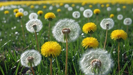 Poster - Vibrant dandelion flowers and puffballs in a spring meadow showcasing nature's beauty under a sunny sky with lush greenery.