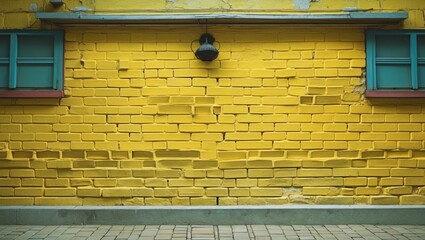 Poster - Textured yellow brick wall with retro building elements and blue windows perfect for backgrounds, patterns, or urban design concepts.