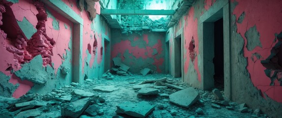 Poster - Abandoned interior with colorful damaged walls and debris in a dilapidated industrial space showcasing urban decay and neglect