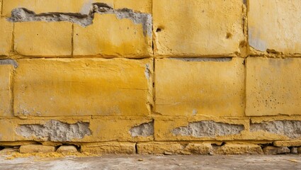 Poster - Textured yellow cement wall with weathered patches and cracks providing a rustic, industrial background for design projects.
