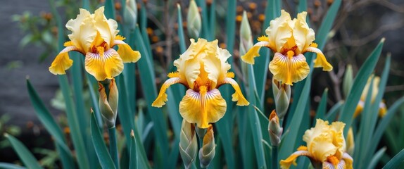 Poster - vibrant yellow iris blossoms in garden with lush green foliage and space for text or caption