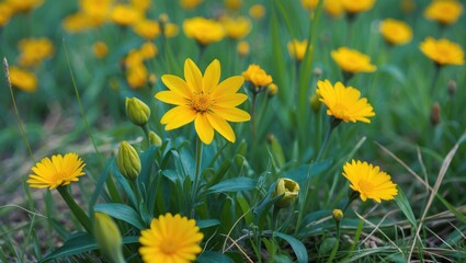 Poster - Vibrant Yellow Flowers Amidst Lush Green Grass in a Bright Sunny Day Scene