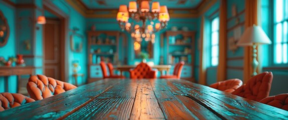 Poster - Elegant Wooden Table with Blurred Colorful Interior Background and Ample Copy Space for Design or Advertising Use
