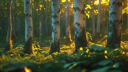 Poster - Yellow birch tree trunks illuminated by sunlight in a lush forest setting at Fundy National Park New Brunswick Canada.