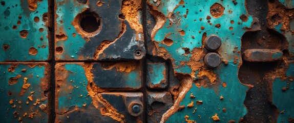 Poster - Rusty zinc surface with peeling turquoise paint and visible corrosion, ideal for backgrounds in industrial or vintage design projects.