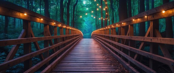 Poster - Serene wooden bridge illuminated by fairy lights in enchanting forest setting at dusk