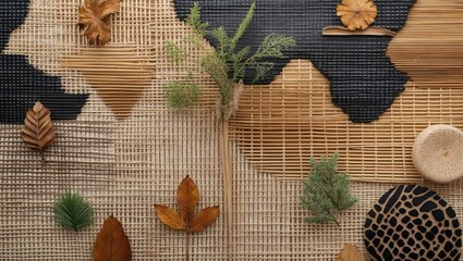 Poster - Natural woven canvas with diverse textures featuring leaves and organic elements for artistic backgrounds and design inspiration.
