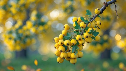 Poster - Yellow rowan berries on a branch with vibrant green leaves surrounded by a soft bokeh background highlighting autumn's beauty.