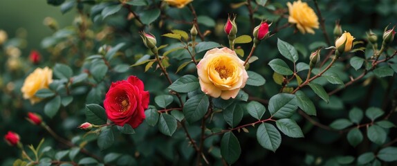 Poster - Vibrant Yellow and Red Roses Blooming Among Lush Green Leaves in Garden Setting Natural Background Beauty