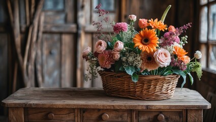 Poster - Rustic Wooden Table Featuring a Vibrant Flower Basket in a Cozy Interior Setting