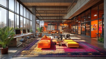 Poster - Modern office interior with open workspace and glass-walled meeting room. 3D Rendering 32k Resolution