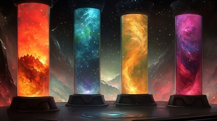 Wall Mural - Vibrant glowing nebulae contained within tall glass cylinders. AI Generated