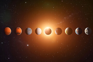pixelated abstract illustration of planets with glowing light in