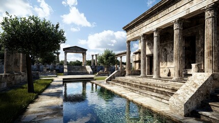 Poster - Wide angle 3d visualization of ancient mediterranean ruins historic aesthetic architecture rendering