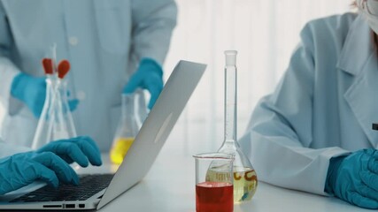 Poster - Laboratory researcher develop new medicine or cure use colorful chemical liquid in lab tube. Technological advance of healthcare with microbiology expertise and laboratory equipment. Rigid.
