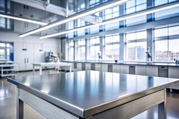 steel top with blurred empty science lab room background can be used for mocking up or display product to make advertising	