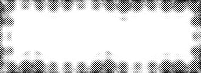 Aufkleber - Halftone rectangle grain frame. Black comic dotted wavy border. Pop art fading gradient frame backdrop. Black and white grunge abstract framing background. Vector dot textured graphic design wallpaper