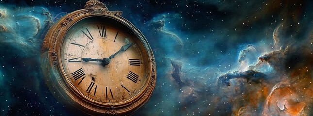 Wall Mural - Antique Clock Face Against Nebula Background