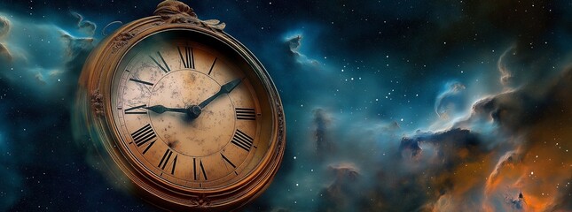 Wall Mural - Vintage Clock Face Against Nebula Backdrop