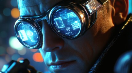 Poster - Futuristic character wearing high-tech goggles with digital display in a neon-lit urban environment at night