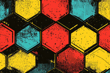 Poster - Abstract hexagonal pattern with grunge texture in red, yellow, and teal.